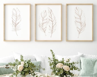 Set Of 3 Feather Prints, Above Sofa Prints, Living Room Decor, Home Wall Prints, Feather Decor, Minimalist Prints, Neutral Prints