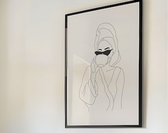Bathroom Line Art, Woman in Robe, Woman Art, Bathroom Print, Modern Bathroom Prints, Bathroom Wall Decor, Bathroom Art Print