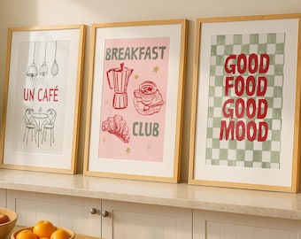 Kitchen set of 3 Prints, Retro Kitchen Prints Wall Art Prints for Kitchen Gallery Wall Bright Colourful Kitchen Prints Pink Green Cute Decor