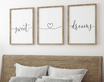 Sweet Dreams With Heart Set of 3 Prints, Bedroom Prints, Above Bed Prints, Room Posters, Minimalist Wall Decor, Room Inspo, Modern Wall Deco