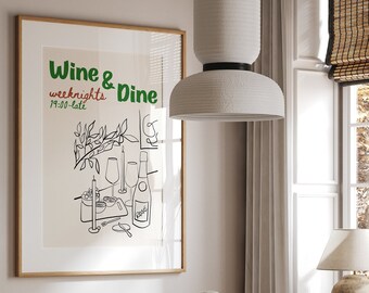Trendy Wine Print Wine & Dine Poster Foodie Prints Wall Art Prints for Kitchen Gallery Wall Bright Colourful Kitchen Prints