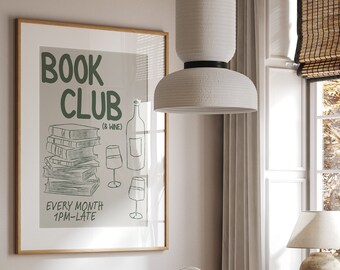 Book Club Print, Book and Wine Print, Trendy Book Lover Poster, Retro Kitchen Art, Gift For Readers, Handrawn Kitchen Prints