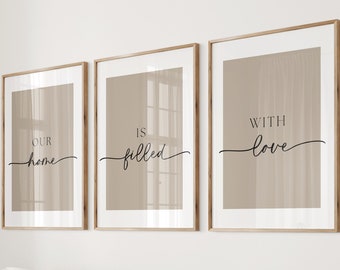 Our Home Is Filled With Love Set of 3 Prints, Living Room Prints, Hallway Prints, Modern Home Decor, Room Prints, Home Art, Wall Posters, A3