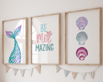 Girls Bedroom Prints, Mermaid Prints, Rainbow Prints, Girls Bedroom Decor, Dusty Pink Prints, Set of 3 Prints, Kids Prints, Girls Wall Art