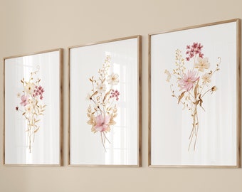 Set Of 3 Pink Floral Prints, Botanical Prints, Neutral Gallery Wall Set, 3 Piece Wall Art Set, Botanical Print Set, Pink and Beige Decor