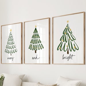 Set of 3 Christmas Tree Prints, Merry and Bright Christmas Set of 3 Prints, Modern Sage Green Christmas Wall Art, Christmas Wall Poster