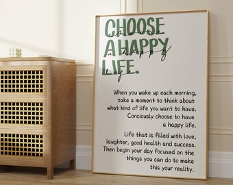 Elige una vida feliz Impresión, Impresión tipográfica, Impresiones retro, Decoración de cabañas, Arte para el hogar, Decoración del hogar, Impresiones para el pasillo, Decoración neutra