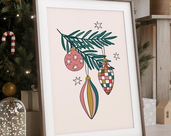 Christmas Holly Print, Festivity Print, Bauble Print, Kitchen Posters, Prints for Xmas, Pretty Christmas Prints, Retro Christmas Poster