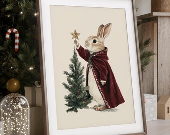 Impresión navideña de conejo festivo, decoración festiva, impresiones navideñas, impresión navideña, póster de pared de invierno, decoración navideña, póster navideño