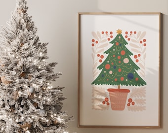 May include: A white flocked Christmas tree with gold and white baubles and fairy lights, a framed print of a stylised Christmas tree with red, green and gold baubles, and a small white wooden Christmas tree on a wooden table with two candles.