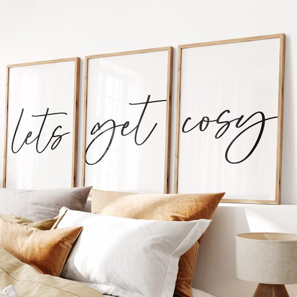 Set of 3 let’s get cosy prints, let’s get cosy, bedroom prints, wall decor, wall art, home prints, popular prints, bedroom art