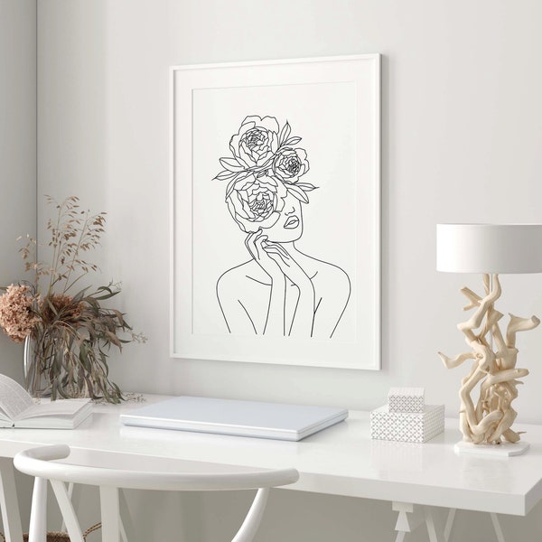 Woman Line Art Print, One Line Art Print, Minimalist Wall Print, Home Decor, Room Prints, Beauty Room Decor, Girls Bedroom Print, Flower Art