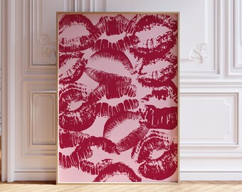 Trendy lipstick kisses print, Y2k funky Wall Art, Pink mouth kisses poster, Modern wall art, Woman Lips print, French kiss print