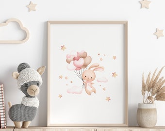 Bunny Nursery Wall Art, Pastel Nursery Decor, Nursery Decor, Nursery Poster, Kids Room Prints, Bunny With Balloons Print, Nursery Dusky Pink
