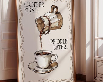 Coffee First Print Chef Prints Wall Art Prints for Kitchen Gallery Wall Bright Colourful Kitchen Prints Coffee Cart Coffee Lover Decor Retro
