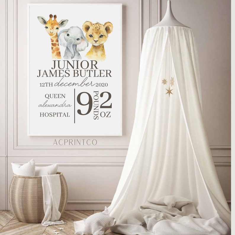 May include: A white printable nursery art print with a giraffe, elephant, and lion illustration. The print says "Junior James Butler 12th December 2020 Queen Alexandra Hospital 9 pounds 2 oz ACPRINTCO".