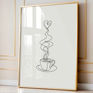 May include: A black and white line drawing of a coffee cup with steam rising from it in the shape of a heart.