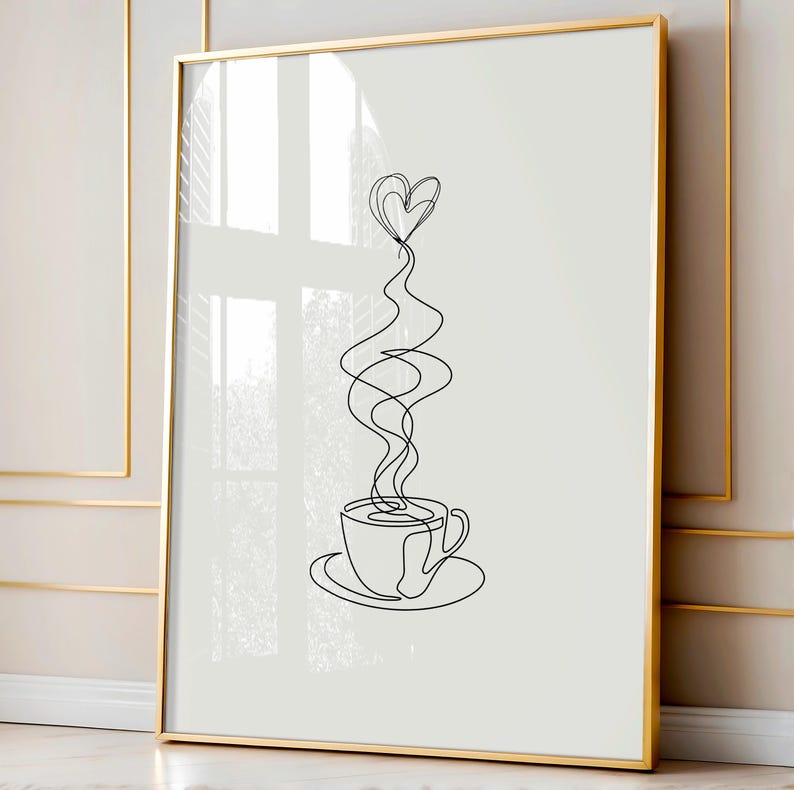 May include: A black and white line drawing of a coffee cup with steam rising from it in the shape of a heart.
