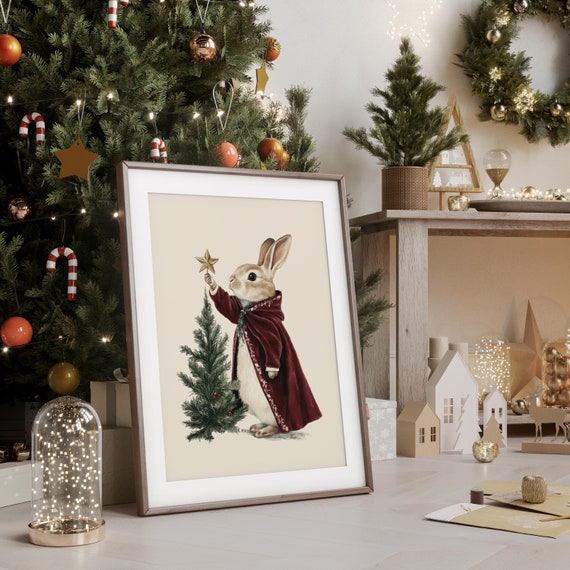 Festive Rabbit Christmas Print, Festive Decor, Christmas Prints, Xmas Print, Winter Wall Poster, Christmas Decor, Christmas Poster