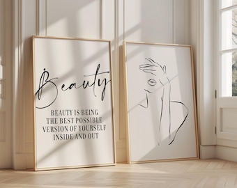 Set of 2 Beauty Prints, Fashion Wall Decor, Beauty Room Poster, Dressing Room Print, Motivational Quote Print, Beauty Poster, Line Art Print