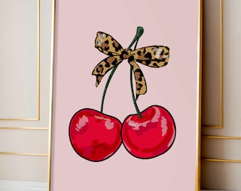 Estampado de leopardo y cerezas, estampado retro de cerezas, decoración retro, estampado retro funky, arte de pared peculiar, impresiones de pared funky, retro de los años 80, decoración del hogar,