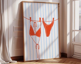 Red Bikini Art Print, Bathing Suit Poster, Beachy Prints, Coconut Girl, Green Coastal Print, College Apartment Decor, Unframed Prints