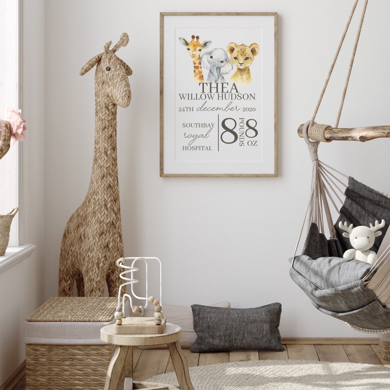 May include: A watercolour illustration of a giraffe, elephant and lion with the text "Thea Willow Hudson 24th December 2020 Southbay Royal Hospital 8 pounds 8 oz."