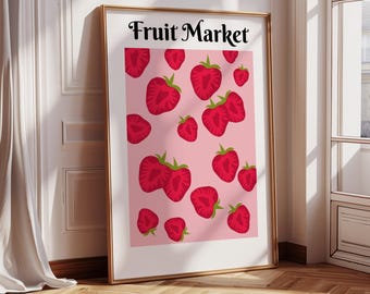 Retro Fruit Market Print, Colourful Retro Prints, Retro Home Decor, Fruit Retro Art, Strawberry Prints, 80s Home Art, Quirky Prints,