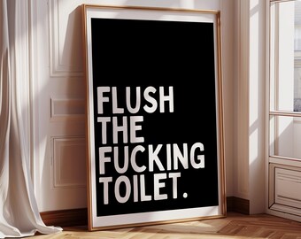Póster de "Tirar de la cadena" para decoración del hogar, decoración del baño, accesorios de baño, baño negro, decoración divertida del hogar, póster con palabrotas
