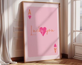 Lucky you print, preppy girls print, pink art, wall art girls print, bedroom poster, coquette bedroom art print, guest check, pink trendy