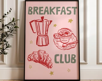 Impresión de Breakfast Club, impresiones retro de cocina, impresiones de arte de pared para galería de cocina, impresiones de cocina brillantes y coloridas, decoración linda en rosa y verde.