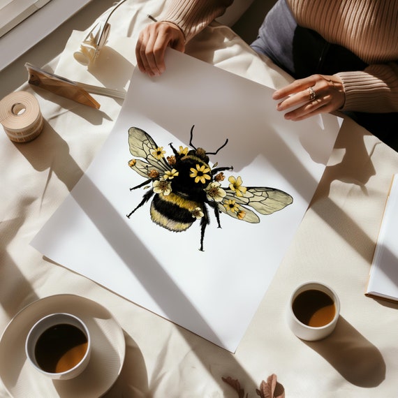 Bee Print, Be Happy Print, Wall Print, Home Decor, Wall Poster, Room Decor, Bee Art, Bee Poster, Bee and Flowers Print, Abstract Bee Print