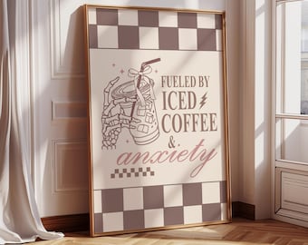 Fueled By Iced Coffee and Anxiety Print Wall Art Prints for Kitchen Gallery Wall Bright Colourful Kitchen Prints Coquette Art Print Pink