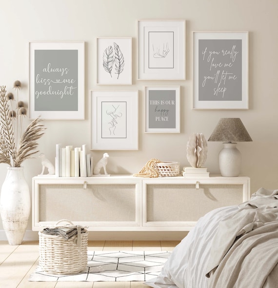 Grey Gallery Wall Set of 6, Bedroom Gallery Wall, Grey Prints, Modern Home Decor, Room Prints, Home Inspo, Wall Art, Wall Poster, Couple Art