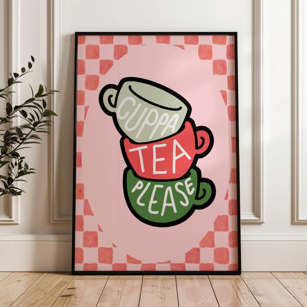 Cuppa Tea Please Print, Retro Kitchen Prints Wall Art Prints for Kitchen Gallery Wall Bright Colourful Kitchen Prints Pink Green Cute Decor