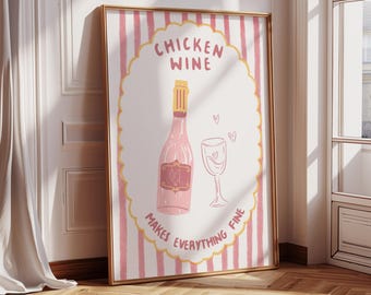 Impresión de pollo y vino, impresiones de chef, impresiones de arte de pared para galería de cocina, impresiones de cocina brillantes y coloridas, decoración de cocina moderna, arte rosa