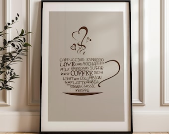 Impresión de café, póster de café, impresión de pared de café beige, impresión de cocina, decoración de cocina, arte de pared de café