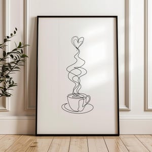 May include: A black and white line drawing of a coffee cup with steam rising from it in the shape of a heart.