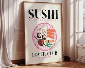 Sushi Poster Hand Drawn Retro Kitchen Print, Fun Kitchen Illustration, Trendy Kitchen Decor, Coffee Lover Wall Art, Aesthetic Cafe Poster