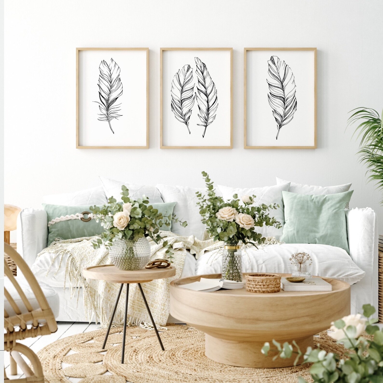 Set Of 3 Feather Prints Above Sofa Prints Living Room Decor Etsy