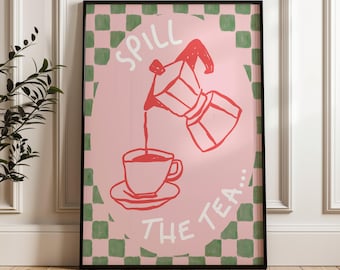 Impresión "Spill The Tea", impresiones retro de cocina, arte de pared para galería de cocina, impresiones de cocina brillantes y coloridas, decoración linda en rosa y verde.