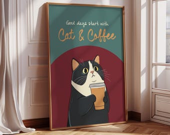 Cats and Coffee Poster Print | Cat Art Print | Kitchen Decor | Kitchen Poster | Quirky Kitchen Art | Fun Art