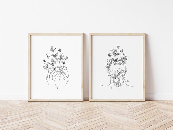 Woman Line Art, Set Of 2 Prints, Set Of 2 Line Art Prints, Minimalistic Line Art, Line Art Posters, Butterfly Line Art, Silhouette Drawing