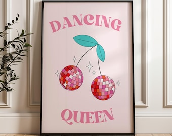 Dancing Queen Print, Retro Cherry Disco Ball Print, Funky Wall Prints, Funky Retro Prints, Quirky Wall Art, Wall Print, Cherry Disco Ball