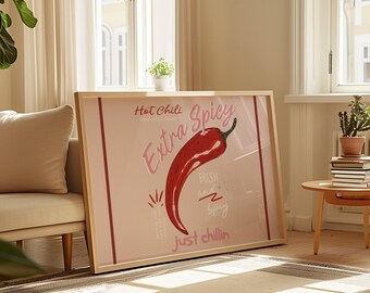Extra Spicy Chilli Print, Retro Kitchen Prints Wall Art Prints for Kitchen Gallery Wall Bright Colourful Kitchen Prints Chilli Print