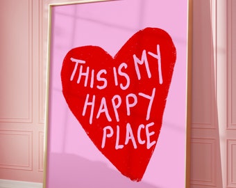 This Is My Happy Place Print Mid Century Print Aesthetic wall art 70s Monochrome Wall Art Bauhaus Print Typography Print Red Heart Print