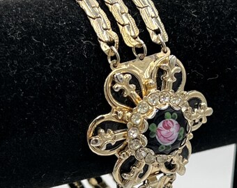 Vintage Guilloché Enameled Rose Victorian Revival Bracelet
