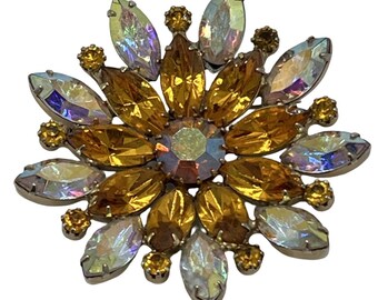 Vintage Goldtone Aurora Borealis Rhinestone Flower Brooch