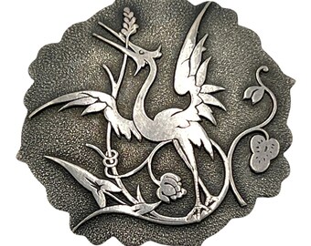 Vintage Brevet SGDG France Silvertone Crane Oriental Brooch
