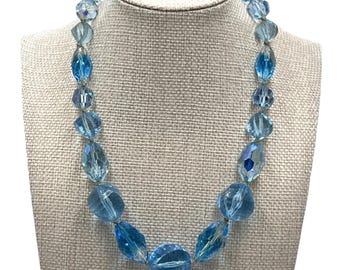 Vintage Czech Blue Glass Bead Faceted and Graduated Necklace